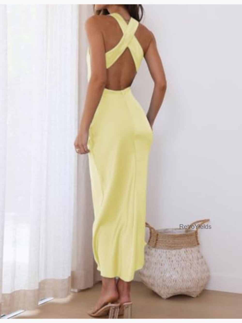 Satin High Neck Backless Midi Dress Mock Neck Wrap Cocktail Dress - Picture 4 of 5